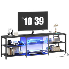 HOOBRO LED TV Stand for 75 Inch TVs with Charging Station, Gaming Entertainment Center with 3-Tier Open Storage, Long 70.1” Media TV Console Table, TV Stand for Living Room, Bedroom, Black BB22UDDS01