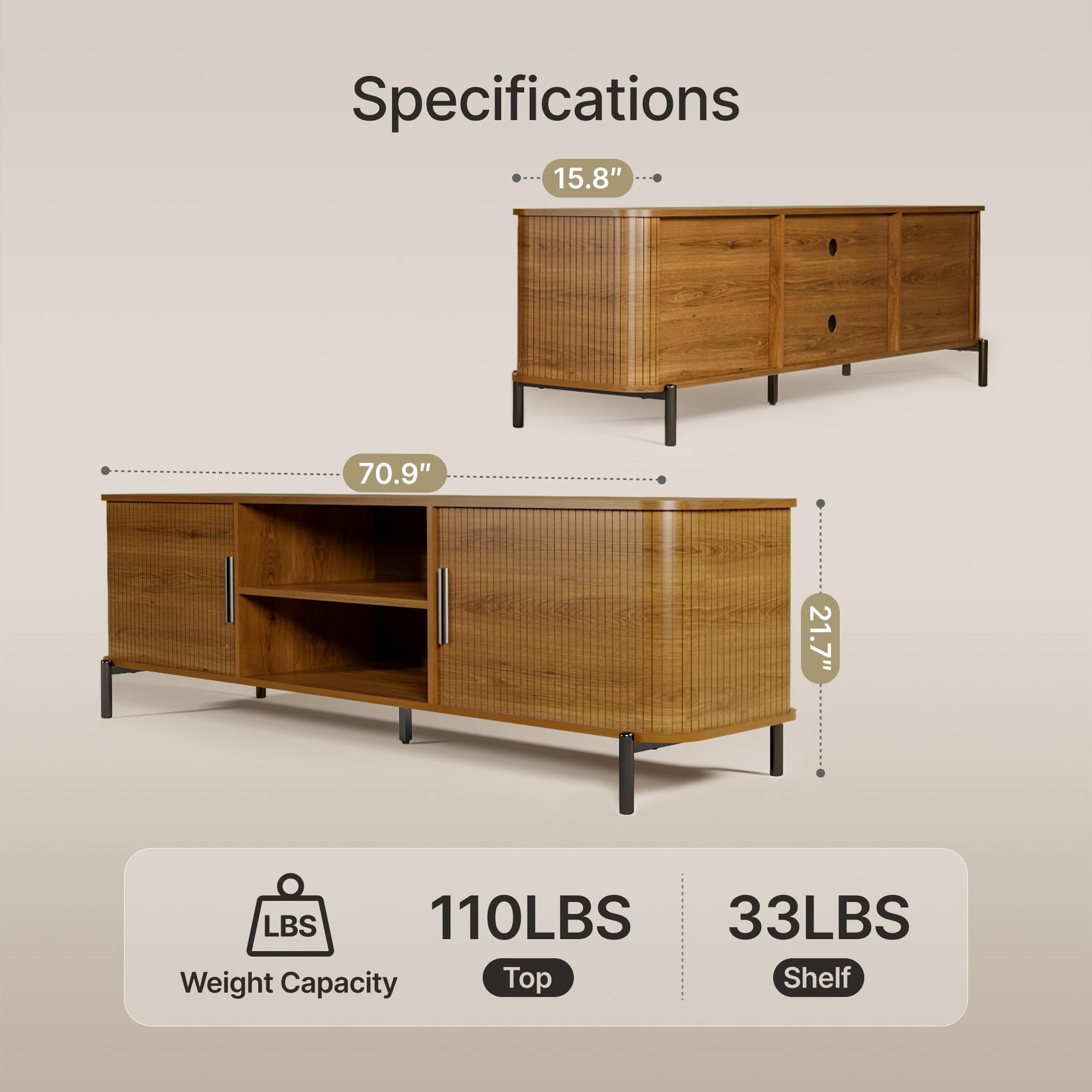 SUNCOZE 70" Mid-Century Fluted TV Stand with Storage up to 80 Inch, Walnut