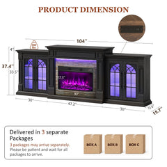 HolliWill 104" Fireplace TV Stand for TVs Up to 100 Inch, LED Electric Fireplace with Mantel and Sideboard Cabinets, Entertainment Center with 4 Glass Doors and Outlet, Modern for Living Room