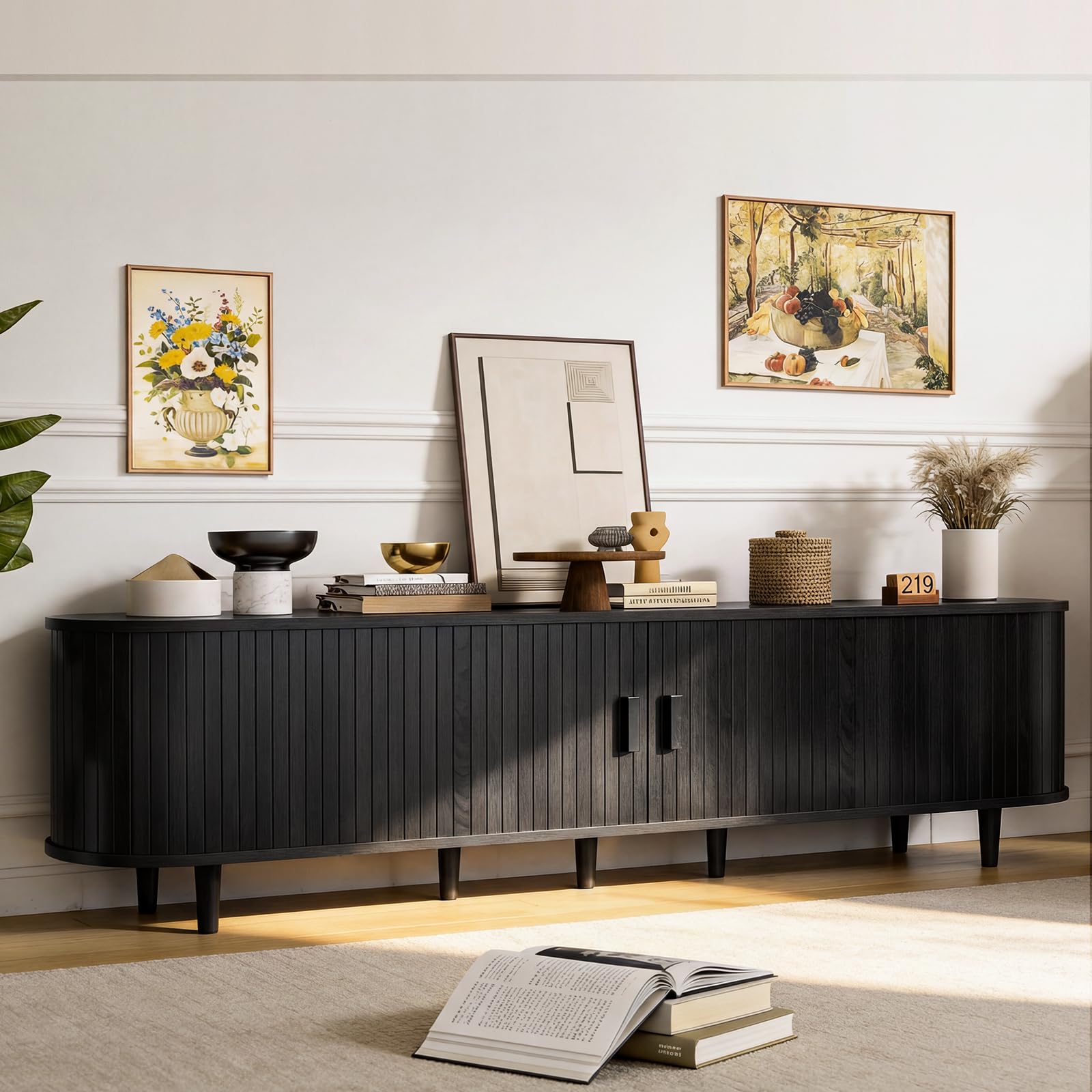 OneBlis 70" Mid Century Modern TV Stand, Wood TV Consoles with Sliding Doors and Power Outlet, Entertainment Center with Adjustable Shelves, Fluted TV Stands for Living Room, Walnut
