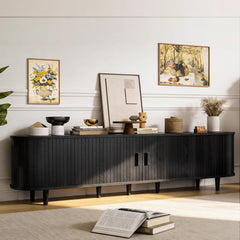 OneBlis 70" Mid Century Modern TV Stand, Wood TV Consoles with Sliding Doors and Power Outlet, Entertainment Center with Adjustable Shelves, Fluted TV Stands for Living Room, Walnut
