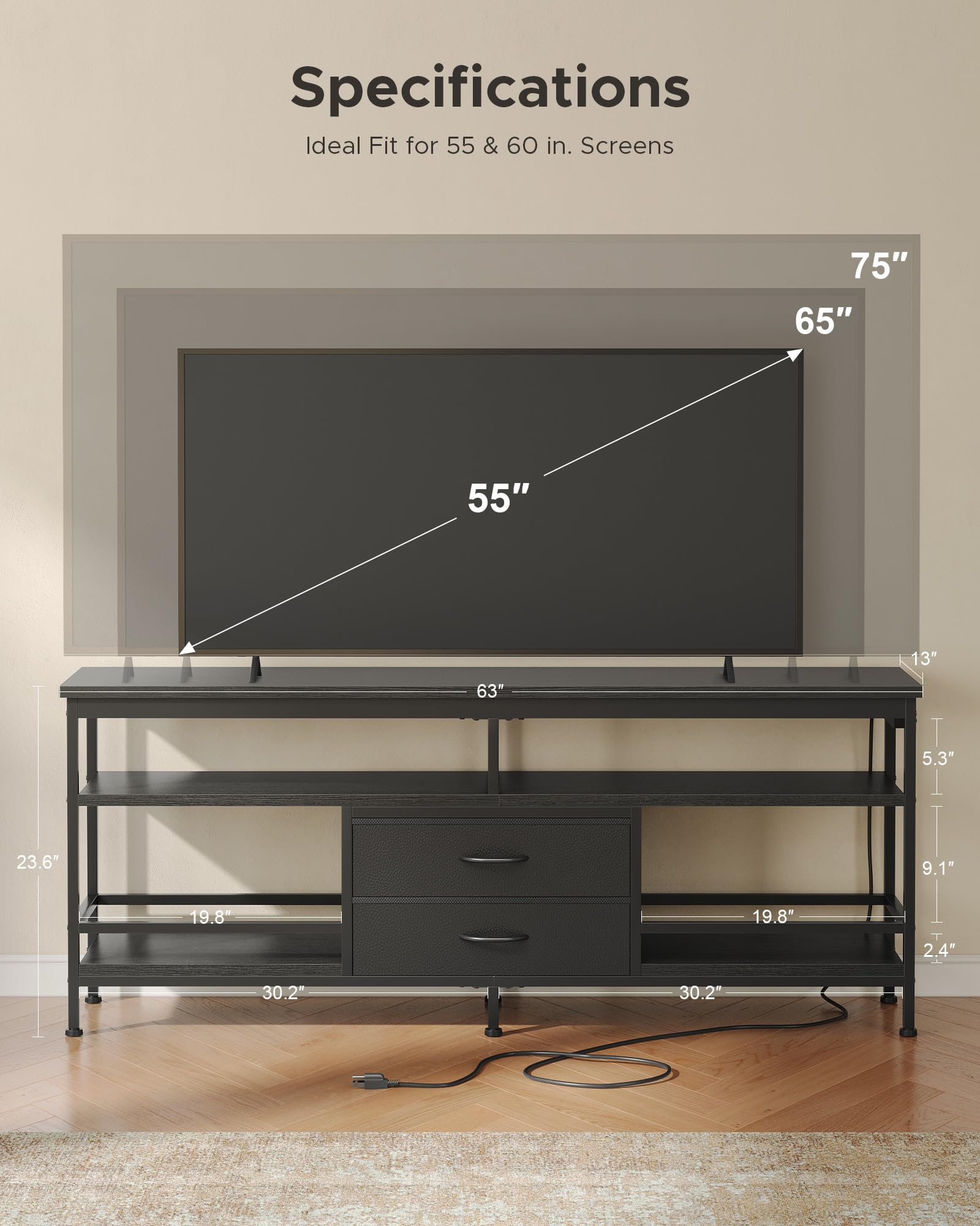 Lazzanto 63in TV Stand for 55-75in TVs, LED Lights, Charging Station, Black
