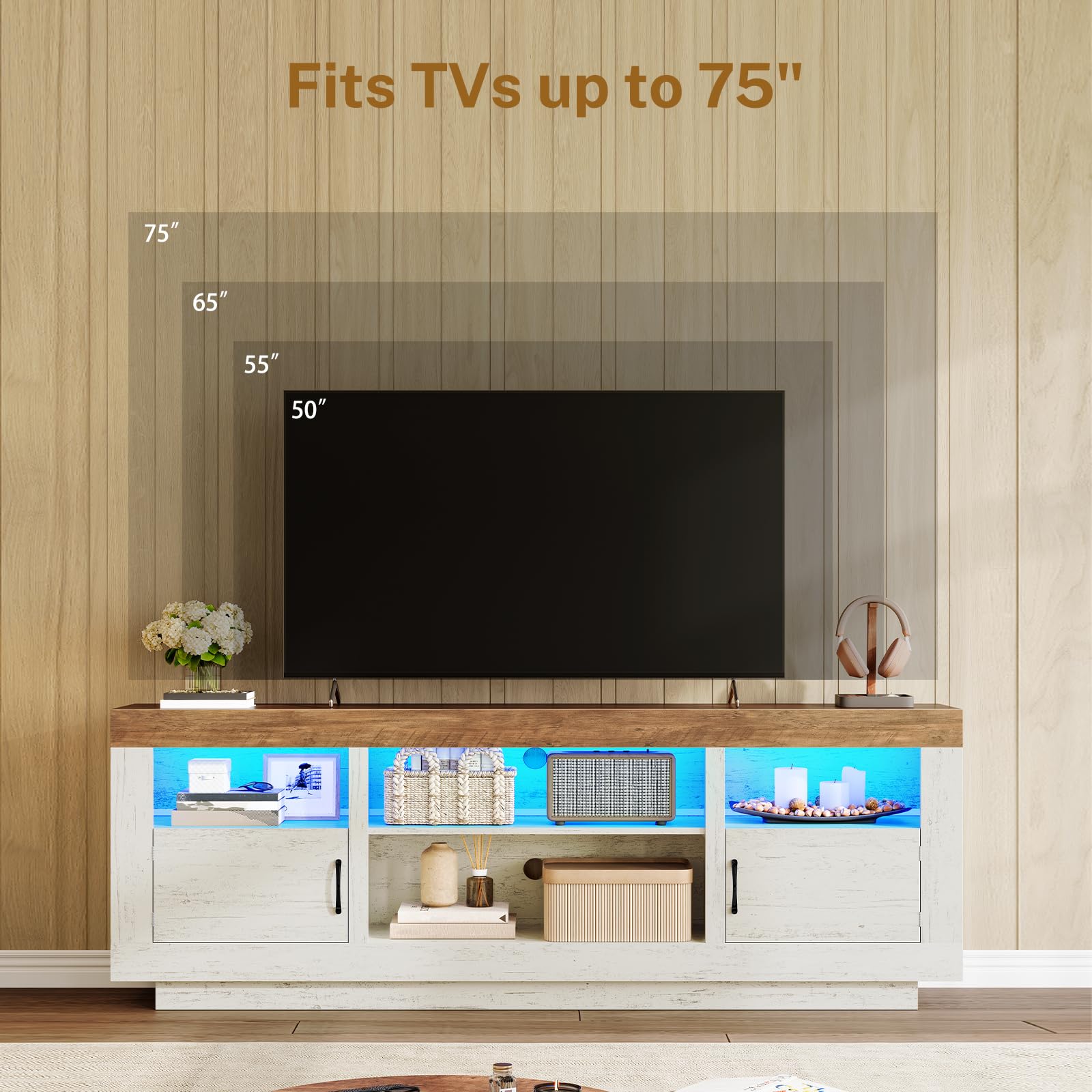 TEENFON 67" TV Stand for 75 inch TV, Entertainment Center with LED Lights | TV Console, Media Console Table with Open Storage & Side Cabinets, TV Stands for Living Room, Bedroom, Natural Knotty Oak