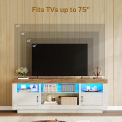 TEENFON 67" TV Stand for 75 inch TV, Entertainment Center with LED Lights | TV Console, Media Console Table with Open Storage & Side Cabinets, TV Stands for Living Room, Bedroom, Natural Knotty Oak
