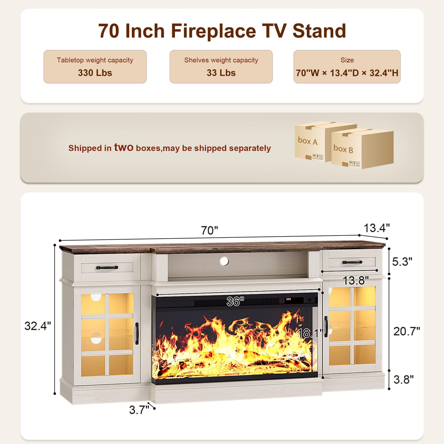 MXV 70" Fireplace TV Stand, 3-Sided Glass Fireplace and Modern Entertainment Center, Wooden Media Console with Glass Doors & Storage Drawers, LED Light, for Living Room, Antique White