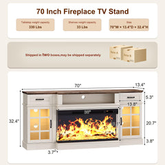 MXV 70" Fireplace TV Stand, 3-Sided Glass Fireplace and Modern Entertainment Center, Wooden Media Console with Glass Doors & Storage Drawers, LED Light, for Living Room, Antique White
