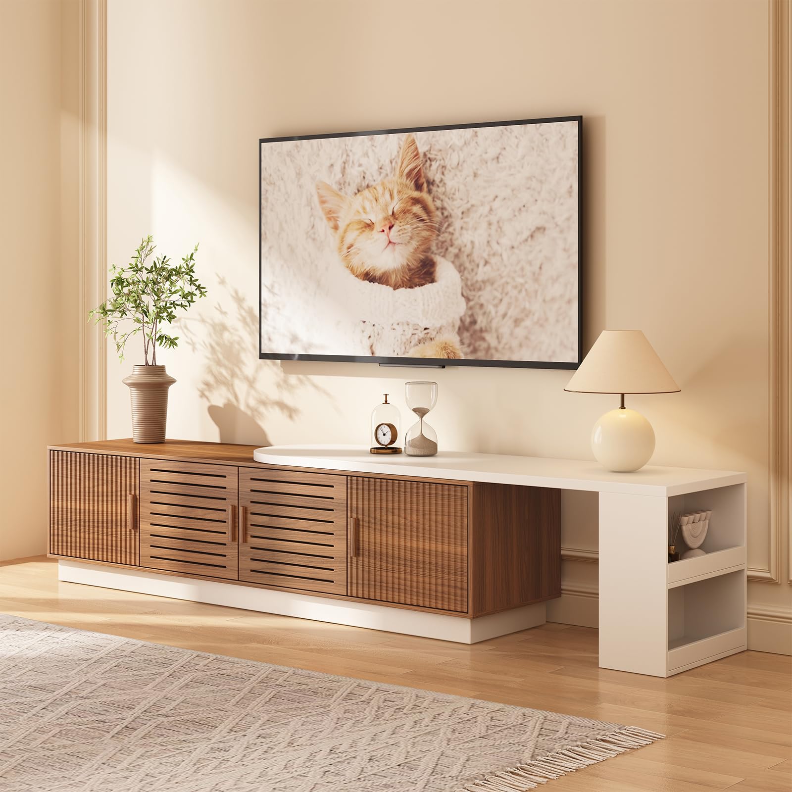 JGOEI 75"-85" or 90" Mid Century Modern TV Stands, Extendable TV Stand with 4 Storage Cabinets, TV Console with Storage, Adjustable TV Stand for Up to 98 Inch TVs, Modern Entertainment Center, Black