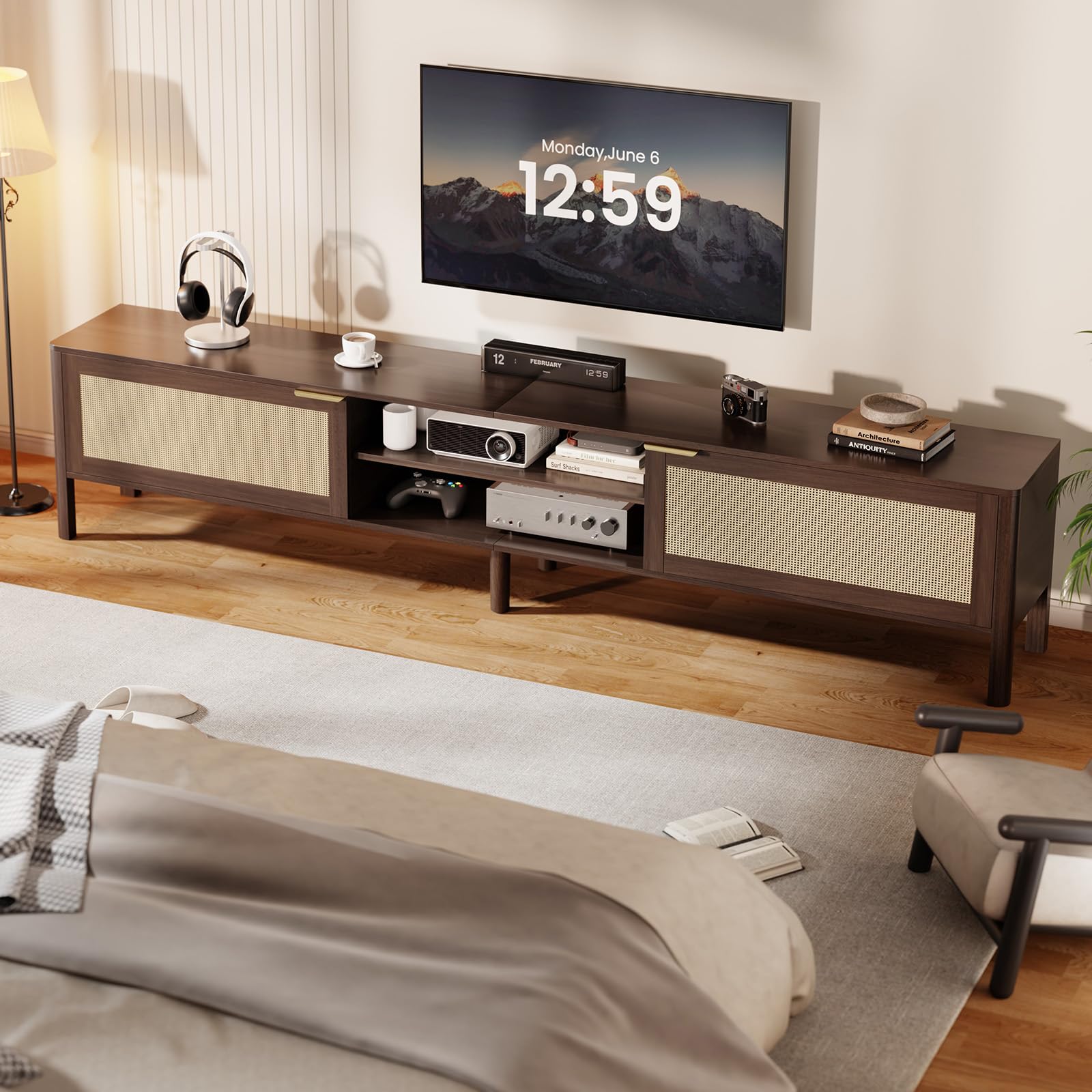 IKALIFE Rattan TV Stand for Living Room Walnut 71"