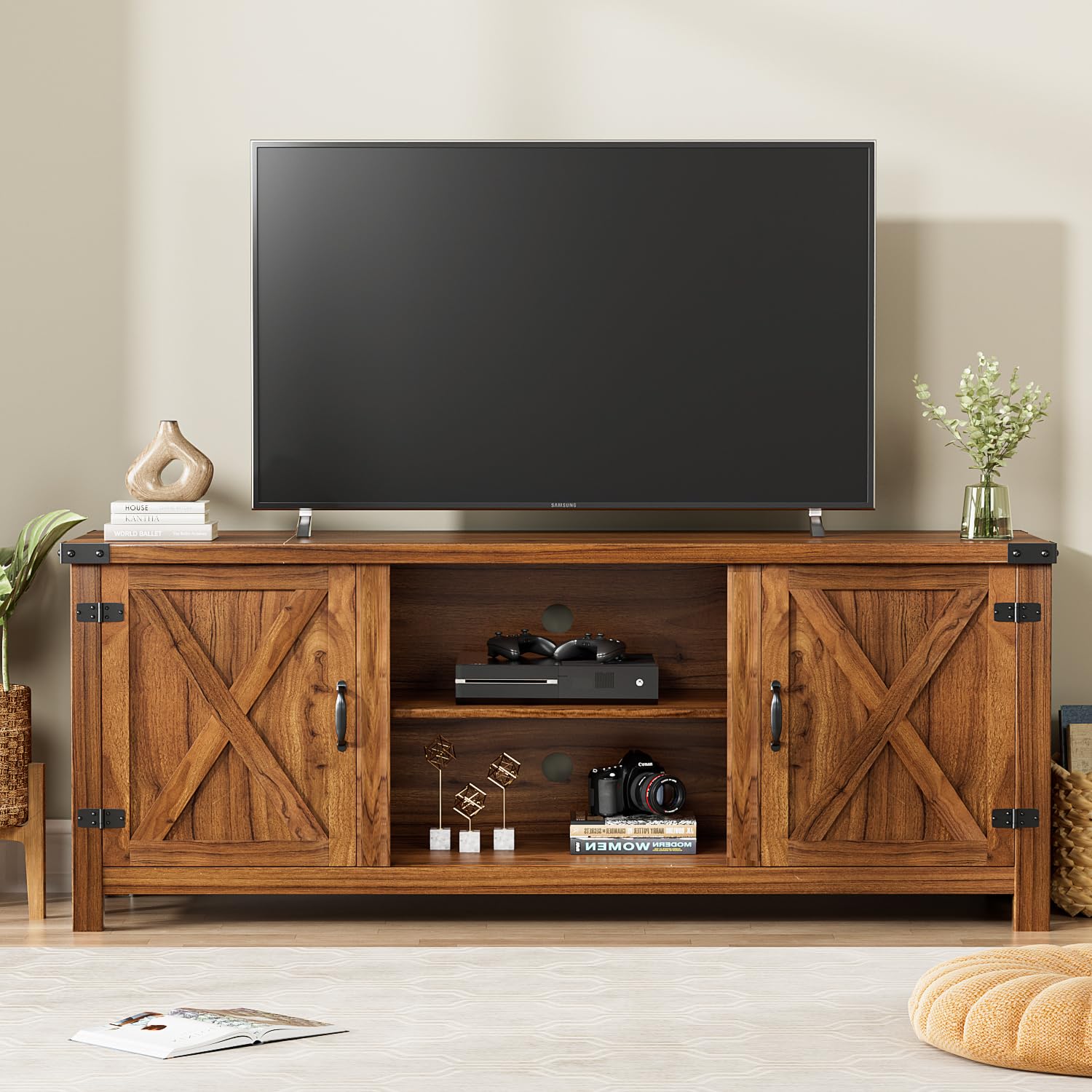 YESHOMY Modern Farmhouse TV Stand with Barn Door for 65 Inch TV, Gray Wash