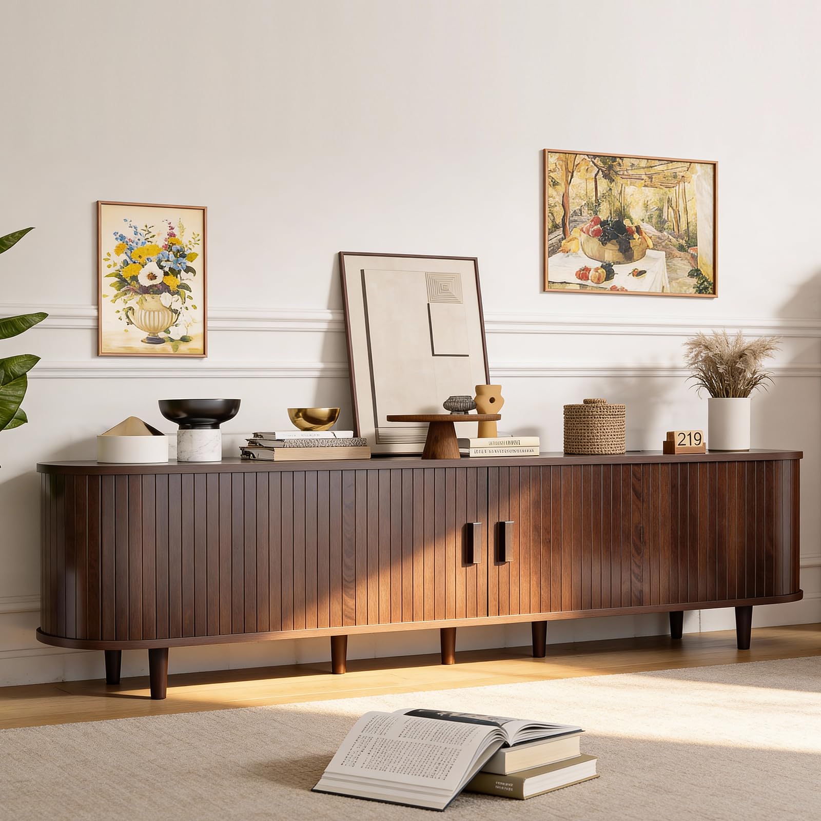 OneBlis 70" Mid Century Modern TV Stand, Wood TV Consoles with Sliding Doors and Power Outlet, Entertainment Center with Adjustable Shelves, Fluted TV Stands for Living Room, Walnut
