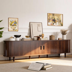 OneBlis 70" Mid Century Modern TV Stand, Wood TV Consoles with Sliding Doors and Power Outlet, Entertainment Center with Adjustable Shelves, Fluted TV Stands for Living Room, Walnut