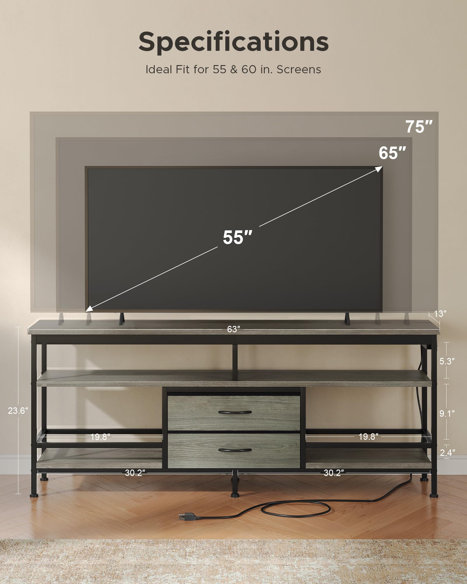 Lazzanto 63in TV Stand for 55-75in TVs, LED Lights, Charging Station, Black