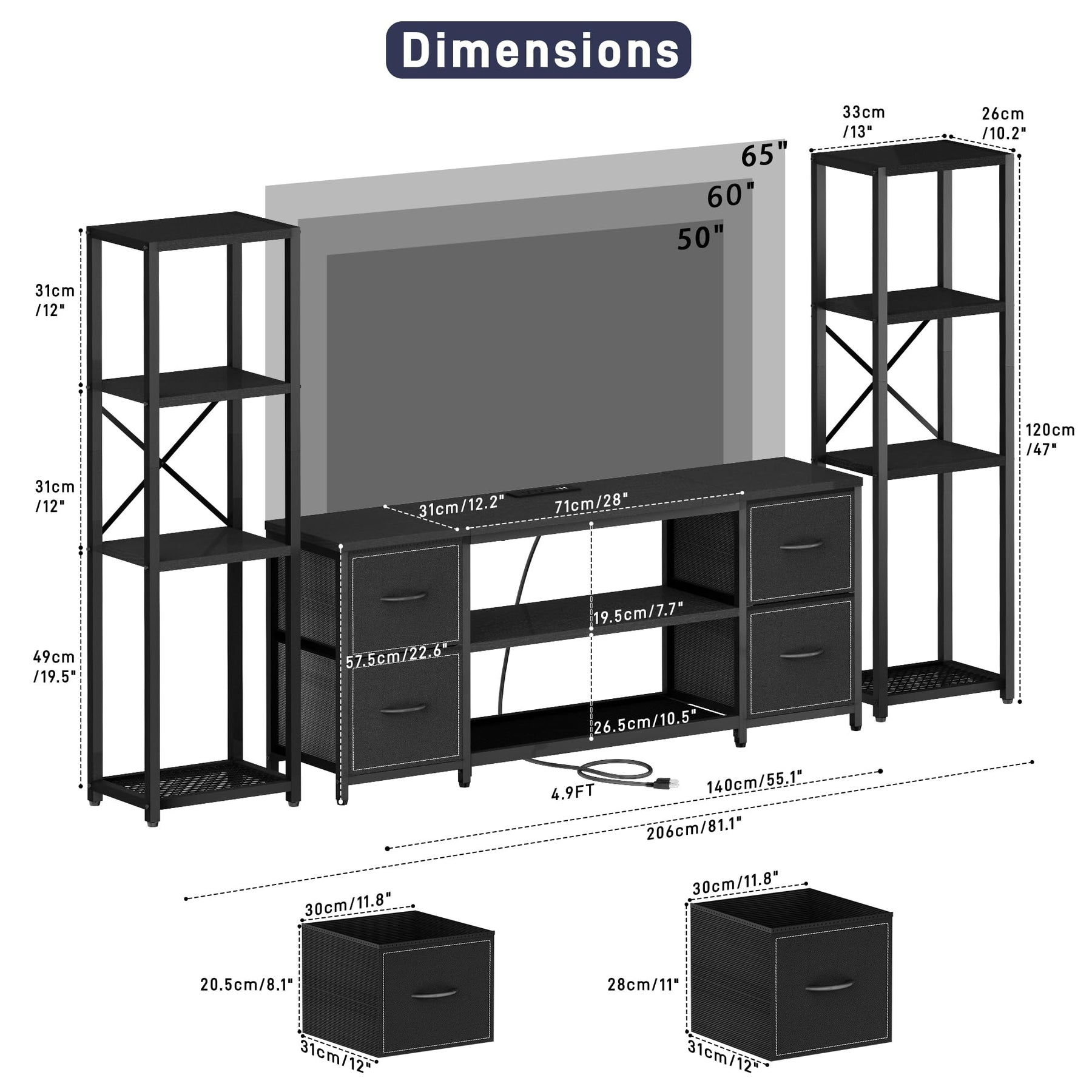 LED TV Stand Entertainment Center Bookshelf Combo with Charging Station
