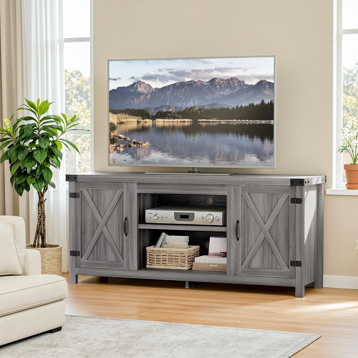 YESHOMY Modern Farmhouse TV Stand with Barn Door for 65 Inch TV, Gray Wash