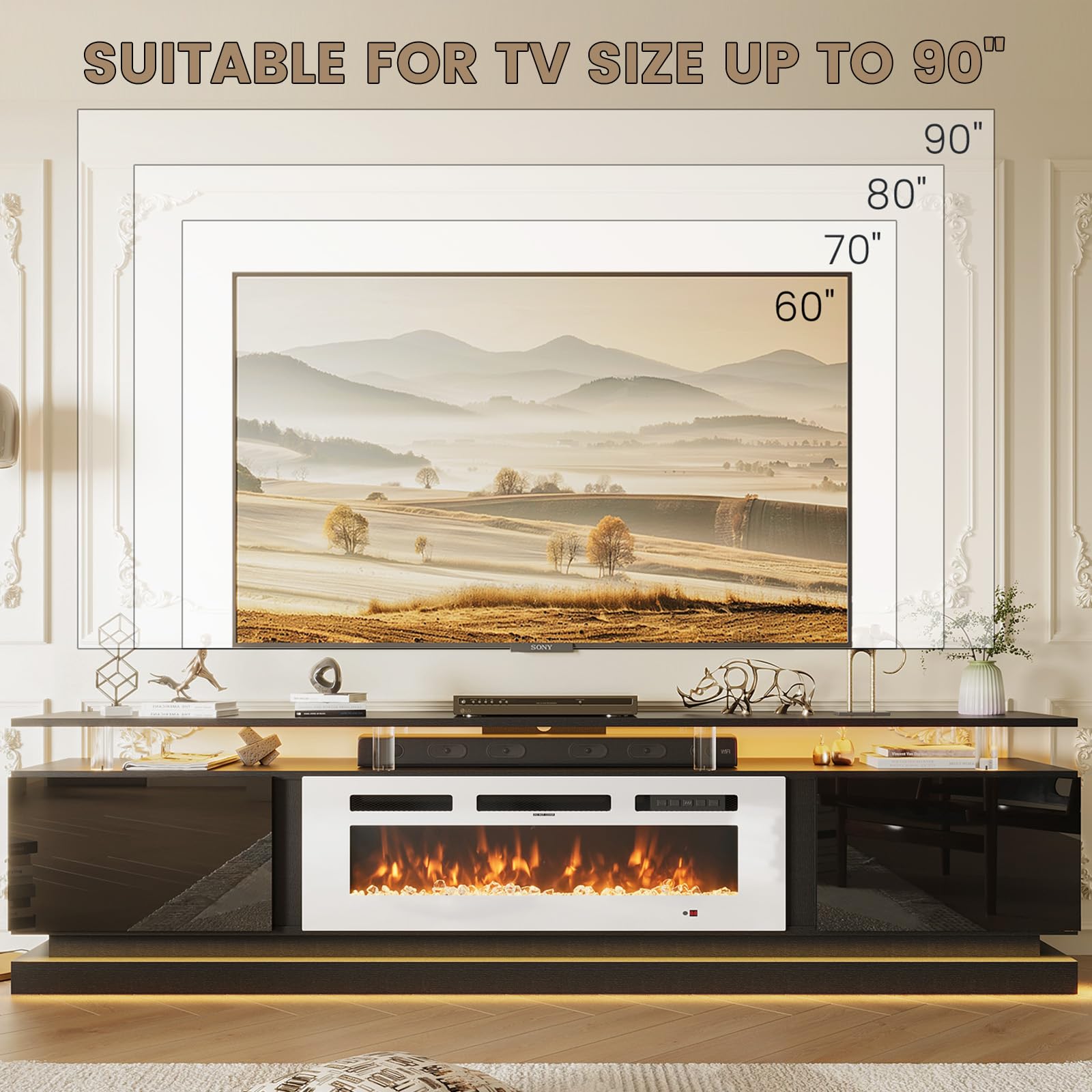 Nordivale 70" Fireplace TV Stand, Modern Entertainment Center for TVs Up to 80”, TV Console with Storage Cabinets, Media Console for Living Room, Black TV Stand and Black Fireplace