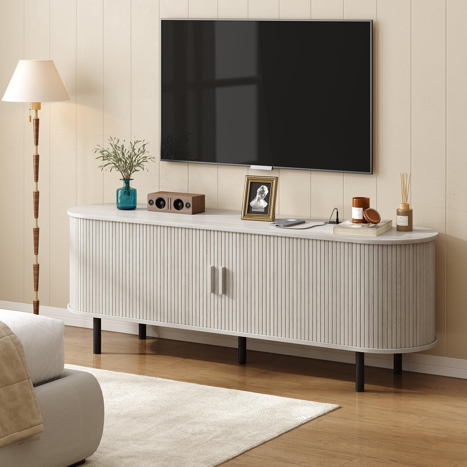 ONBRILL 70.8" TV Stand with Power Outlet for TVs up to 75 Inch, Entertainment Center with Storage and Adjustable Shelves, Modern Media Console with Sliding Doors for Living Room, Walnut