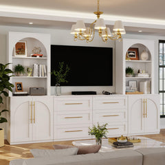 126" Entertainment Center with Bookshelves,4 Doors & 6 Drawers, Modern Farmhouse TV Stand Wall Unit for TVs up to 70" Media Console Storage Cabinet with 18 Shelves for Living Room Heavy-Duty White