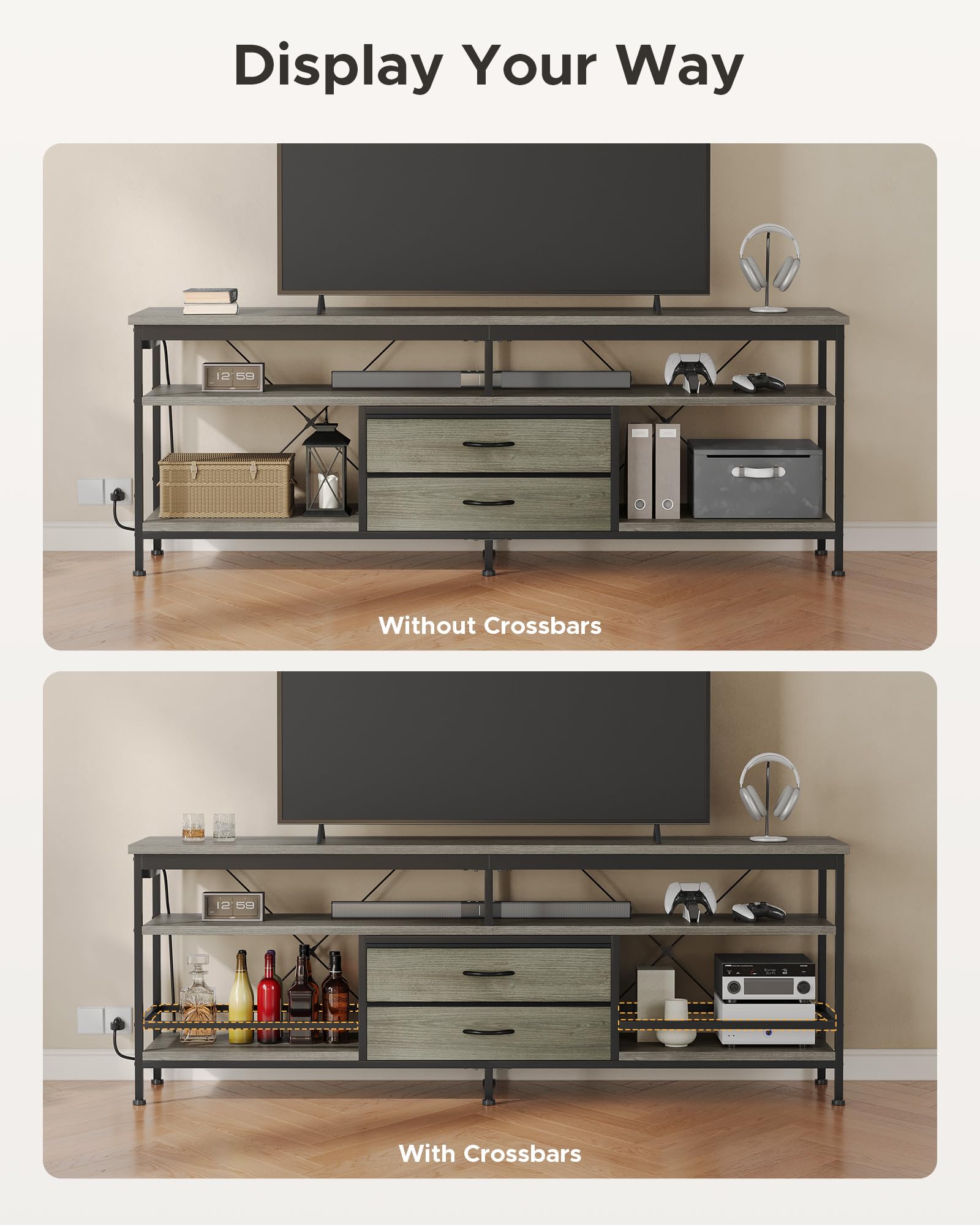 Lazzanto 63in TV Stand for 55-75in TVs, LED Lights, Charging Station, Black