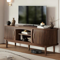 Decofy Mid Century TV Stand for TVs up to 80 Inches, Entertainment Center with Storage, Power Outlet, Fluted Sliding Doors & Adjustable Shelves, Modern Media TV Console Table for Living Room (Walnut)