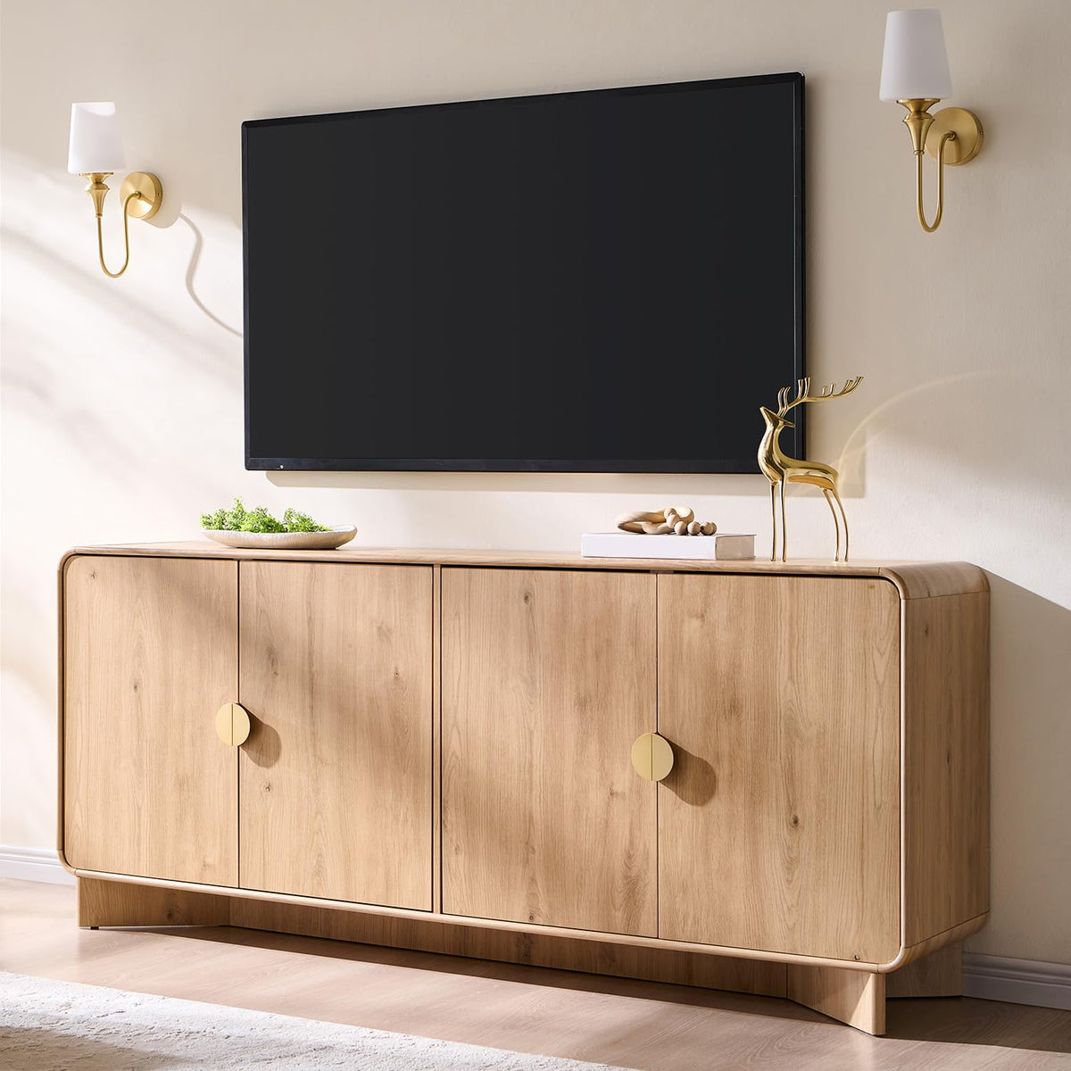 IFGET 70" Modern TV Stand with Storage, Wood Curved TV Console, Natural Oak