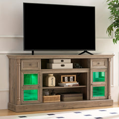 Farmhouse Fireplace TV Stand with Roman Column Styling, Up to 80-inch TV, 70-inch Modern Tall Entertainment Center with LED Lights, Living Room Media Console