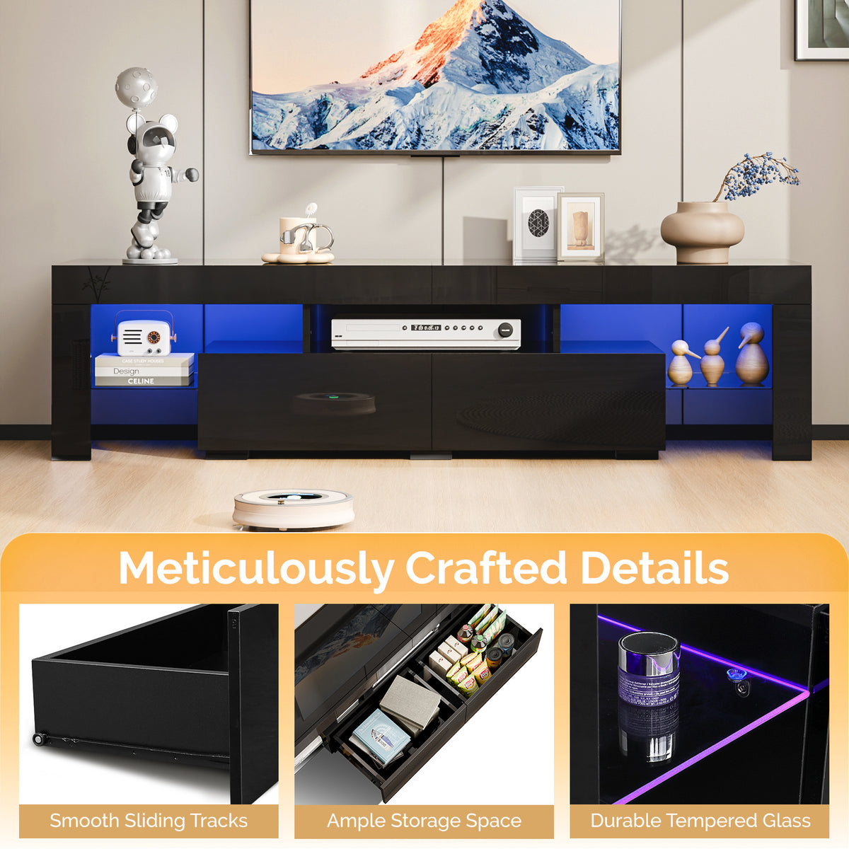TV Stand for 70 Inch TV, TV Cabinet with Open Storage, Industrial TV Cabinet with 2 Drawers and Glass Shelves for Living Room and Bedroom, Black