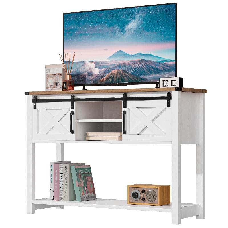 Modern Farmhouse TV Stand Compatible for 50-Inch TVs with Sliding Barn Doors & Adjustable Shelves, Media Console with Storage Cabinets, Space-Saving Design Suitable for Living Room & Bedroom, Easy Assembly