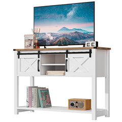 Modern Farmhouse TV Stand Compatible for 50-Inch TVs with Sliding Barn Doors & Adjustable Shelves, Media Console with Storage Cabinets, Space-Saving Design Suitable for Living Room & Bedroom, Easy Assembly