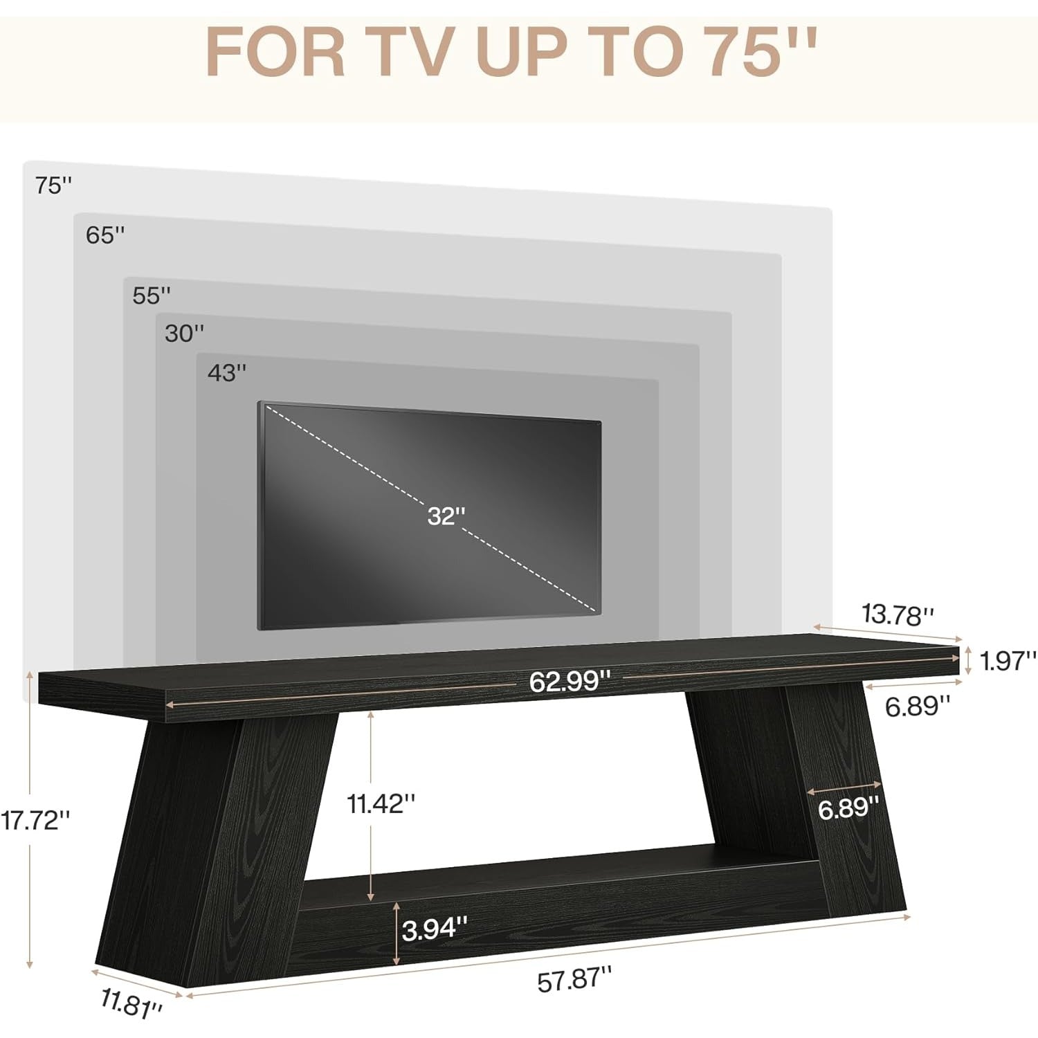 63' TV Stand for TVs up to 75', Rustic Wood Media Console with Storage Shelves, Entertainment Center Television Table for Living Room, Bedroom, Black