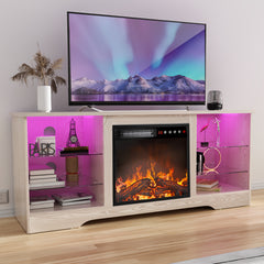 Fireplace TV Stand with 18-Inch Fireplace, Modern Entertainment Center for Tvs Up to 65 Inches, Media TV Console with Adjustable Glass Shelves And Storage Cabinets, Farmhouse TV Stand for Living Room