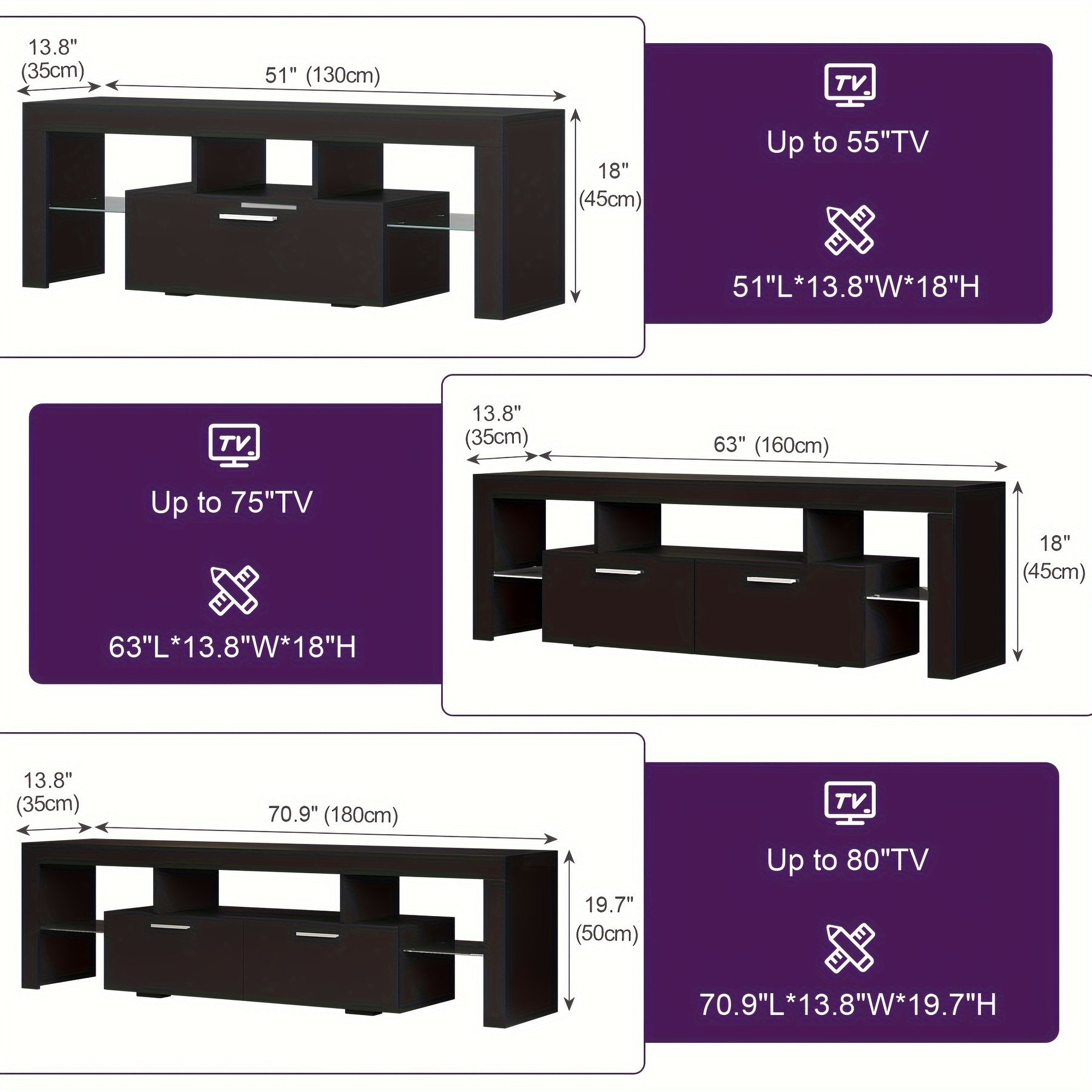 A Sleek LED TV Stand Designed for 55 to 80-Inch Televisions, Featuring a Universal Entertainment Center Equipped with Storage Drawers And LED Lighting. This Contemporary Media Console Is Suitable for Your Living Room, Game Room, Or Bedroom