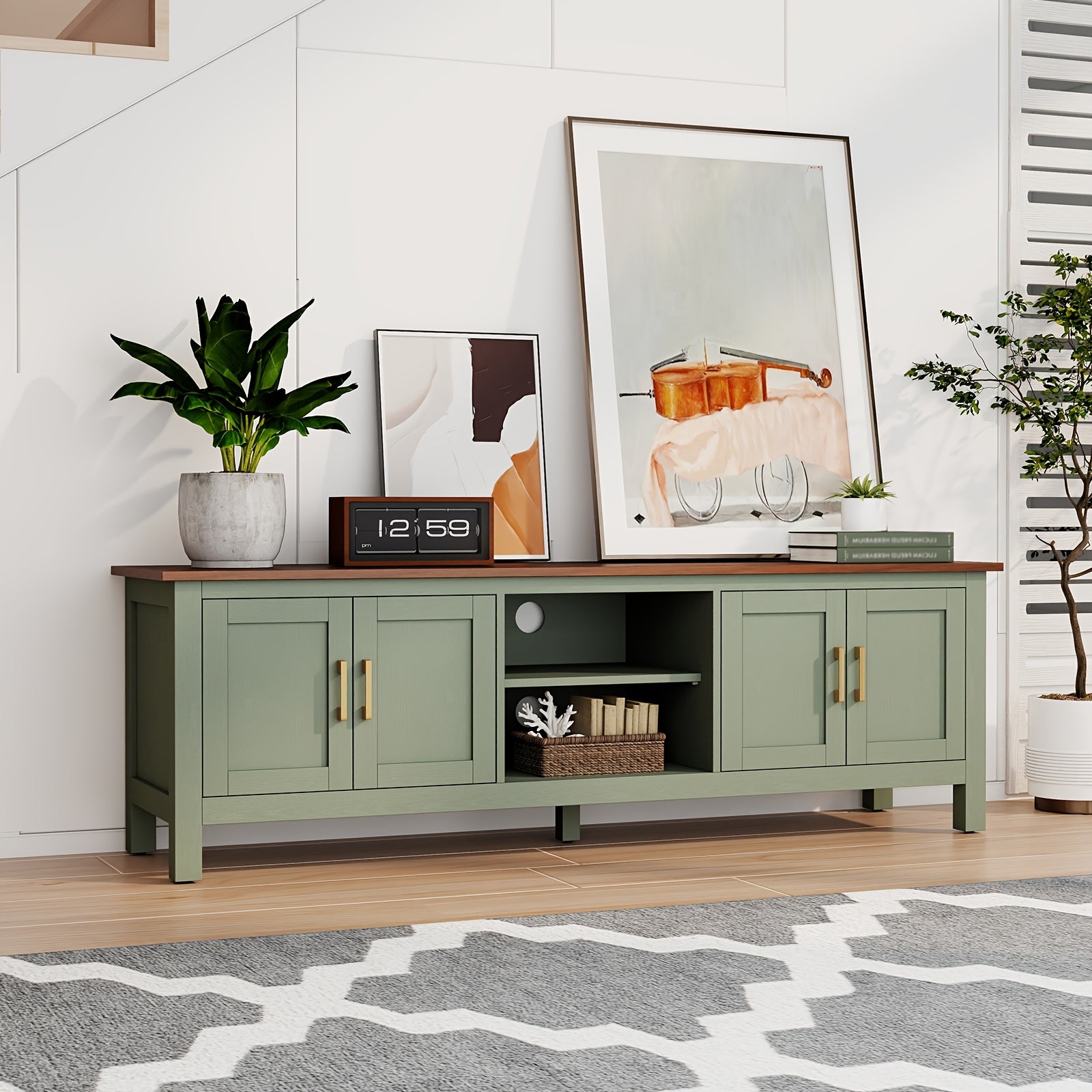 63 Inch TV Stand for TVs Up to 75", Farmhouse Entertainment Center with Storage, Wood TV Console with Cabinet, Under TV Cabinet for Living Room