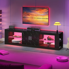 80"/71" Modern TV Stand with LED Lights - High-Gloss White/Black Marble Entertainment Center Suitable for 70/75/80/85 Inch TVs, Media Console with Open Shelves & Cabinets, Door Storage, Engineered Wood & Frame, Assembly, Living Room/Bedroom