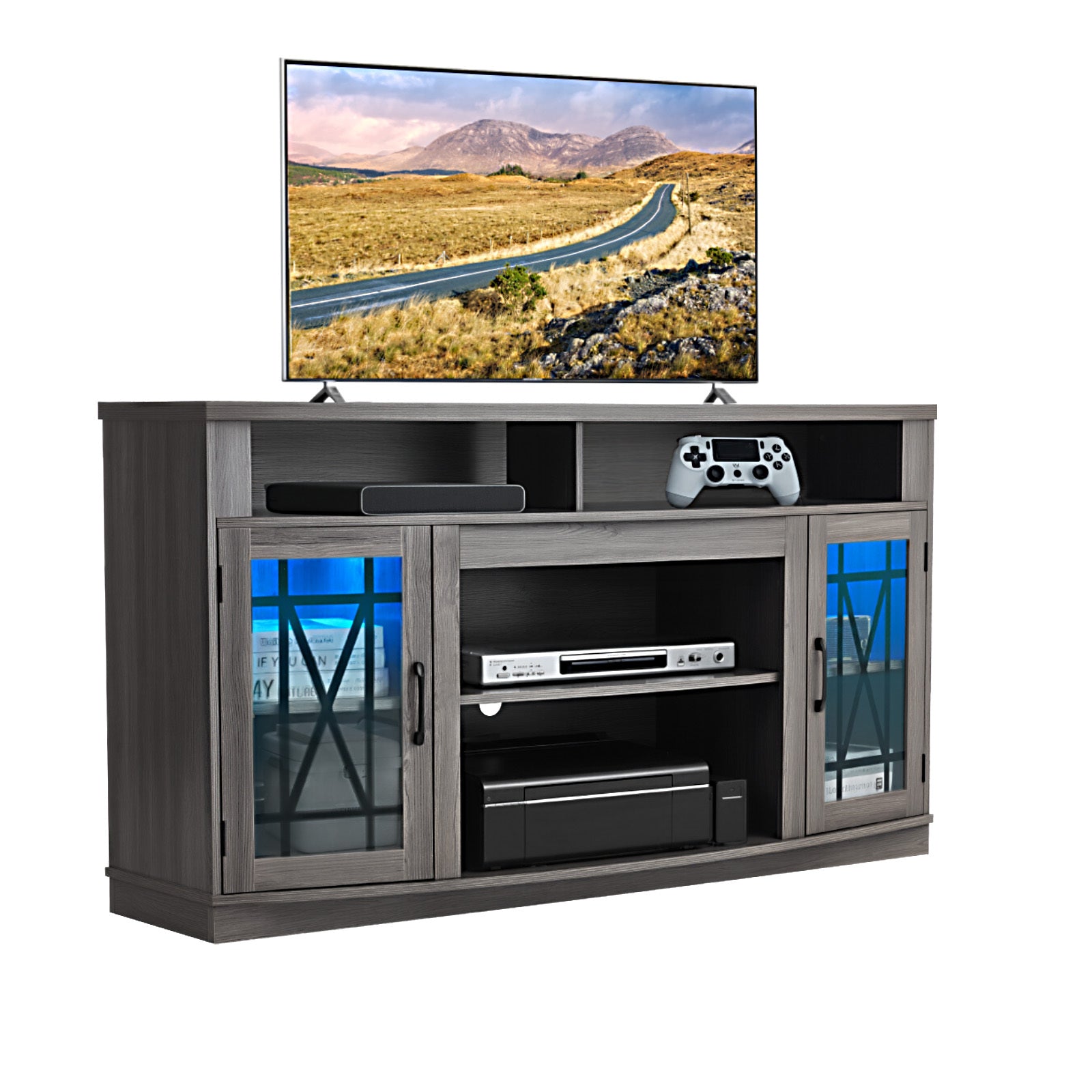 VEVOR TV Stand for 65 in TVs Farmhouse Entertainment Center with Light Strip Gray/Black