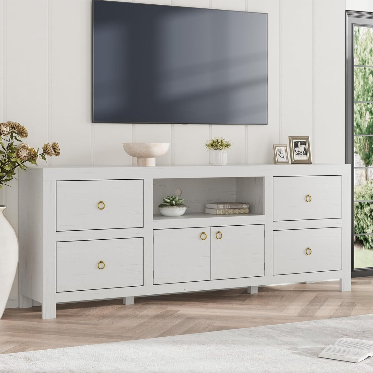 TV Stand for 75 80 Inch TVs, 70" Long Entertainment Center with 6 Storage Drawer, Brown Television Consoles Table for Living Room, Bedroom (White, 70" 6 Door)