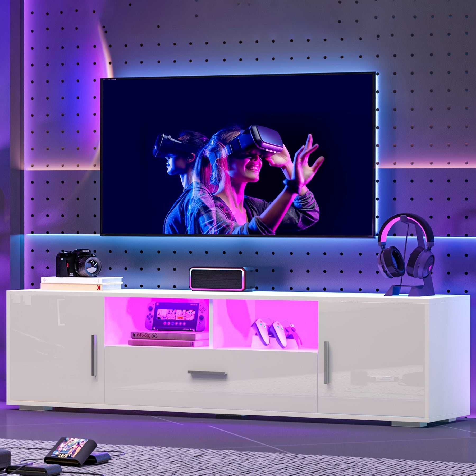 High Gloss LED TV Stand for 55/65/75 Inch TV, Modern 75 Inch TV Console Table, Mirrored Entertainment Center with Storage Drawers And Lights for Living Room Gaming Room And Bedroom, White Or Gray