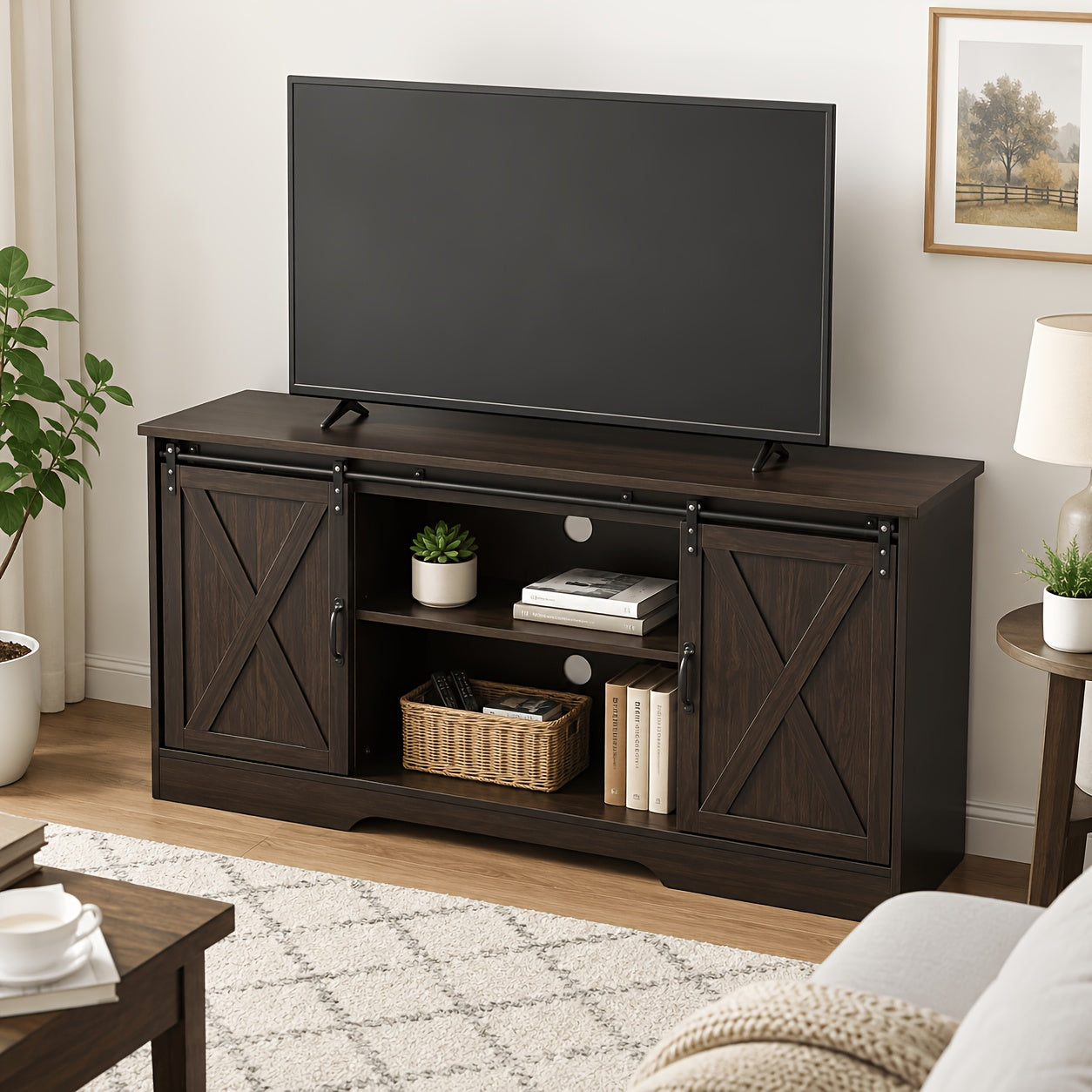 Modern Farmhouse Media Entertainment Center, Sliding Barn Door TV Stand Fits 65 Inch Television, TV Console with Storage Cabinets And Removable Adjustable Shelves, Suitable for Living Room & Bedroom, Available In White And Black