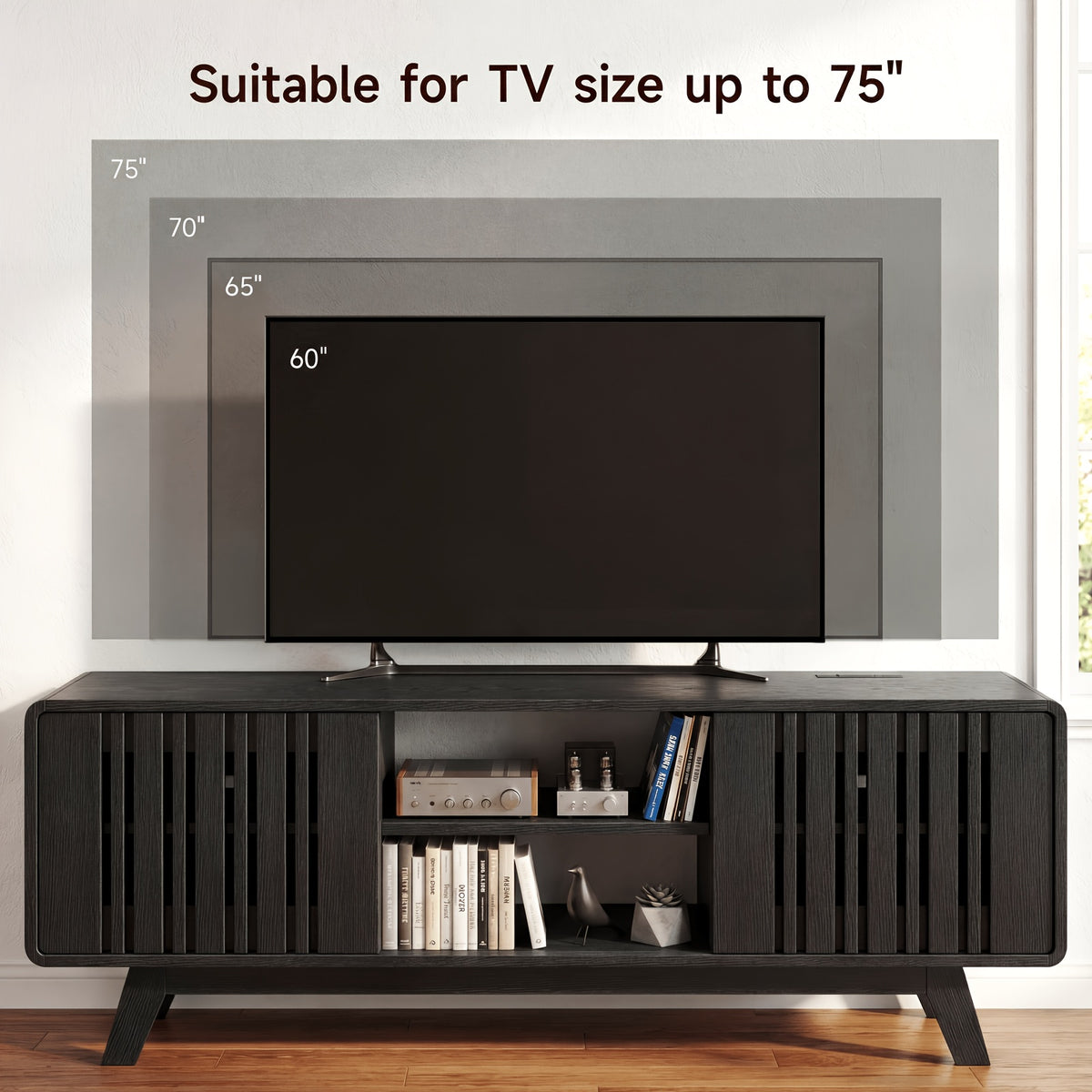 Mid Century Modern TV Stand with Charging Station for 75/70/65/60 Inch TV, Wood Entertainment Center with Storage & Sliding Grille Door, Media Console Table for Living Room, Bedroom