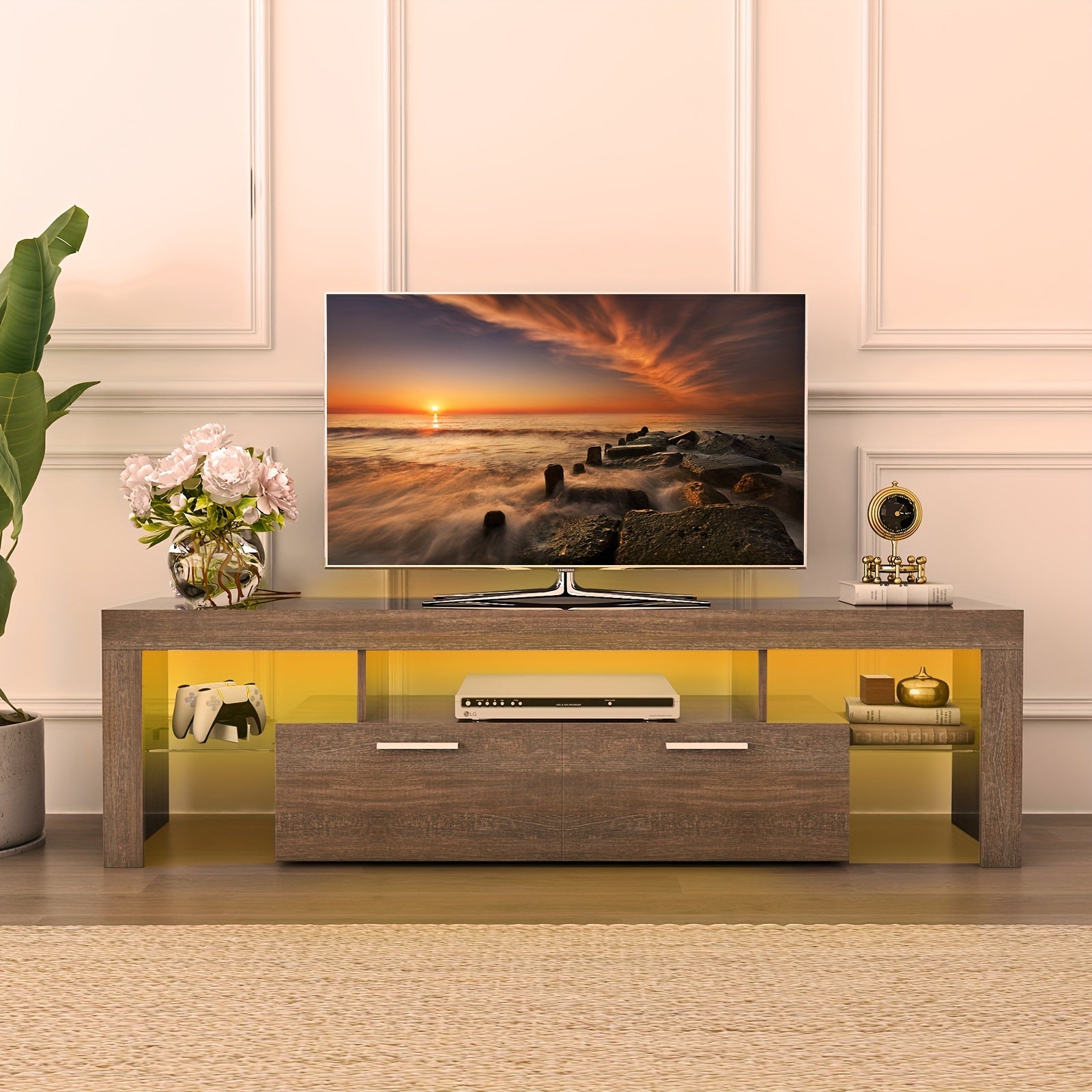 Contemporary LED TV Stand Measuring 63''/71'' Suitable for 55/65/75/80 Inch Televisions, Featuring a High Gloss End. This Media Console Table Serves As an Entertainment Center with Storage Drawers, Perfect for Your Living Room, Game Room
