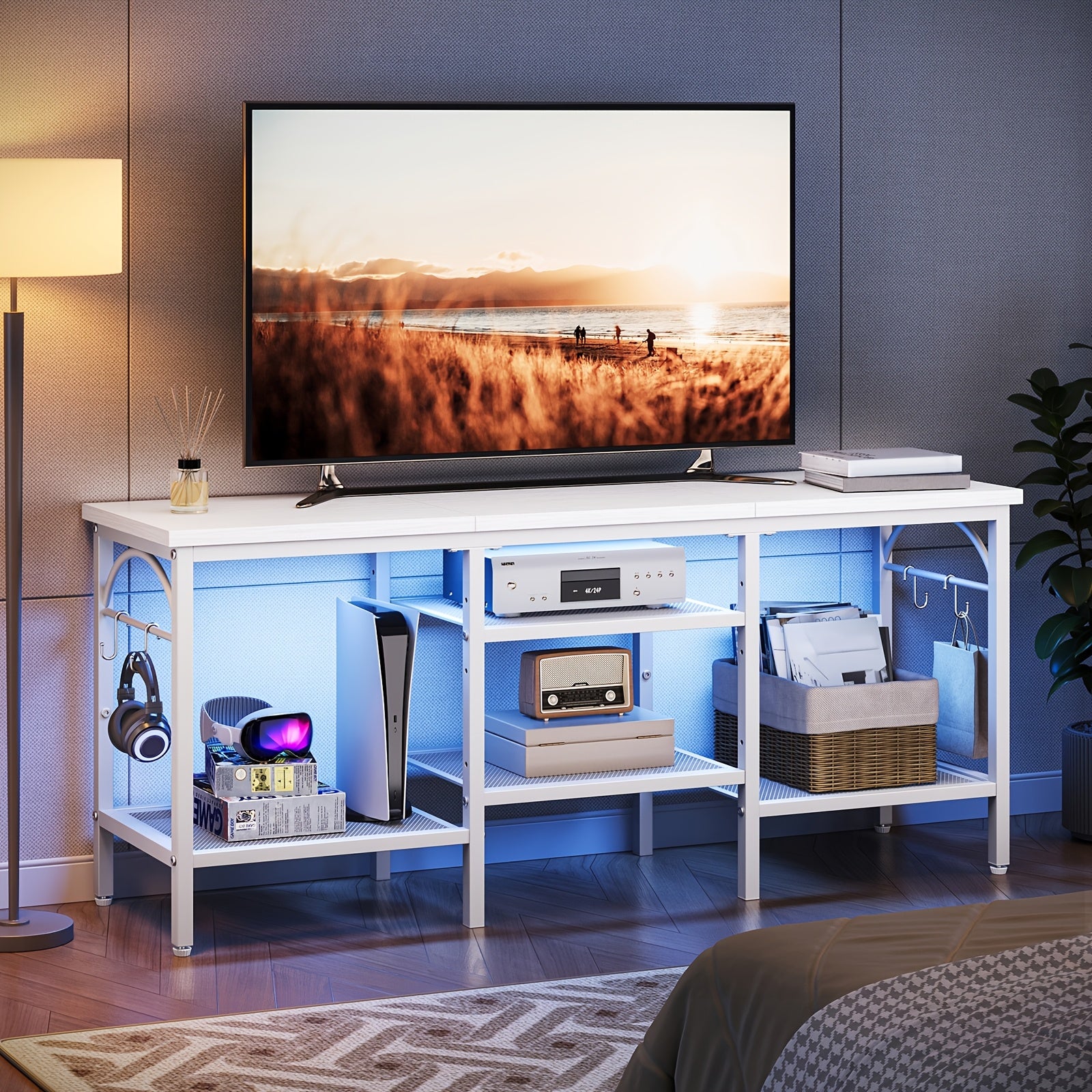 RGB Gaming TV Stand For Up To 75" TVs - Media Console With Open Storage Shelves, Modern Entertainment Center For Living Room, Perfect Gift For Thanksgiving And Christmas, White Elephant Gifts