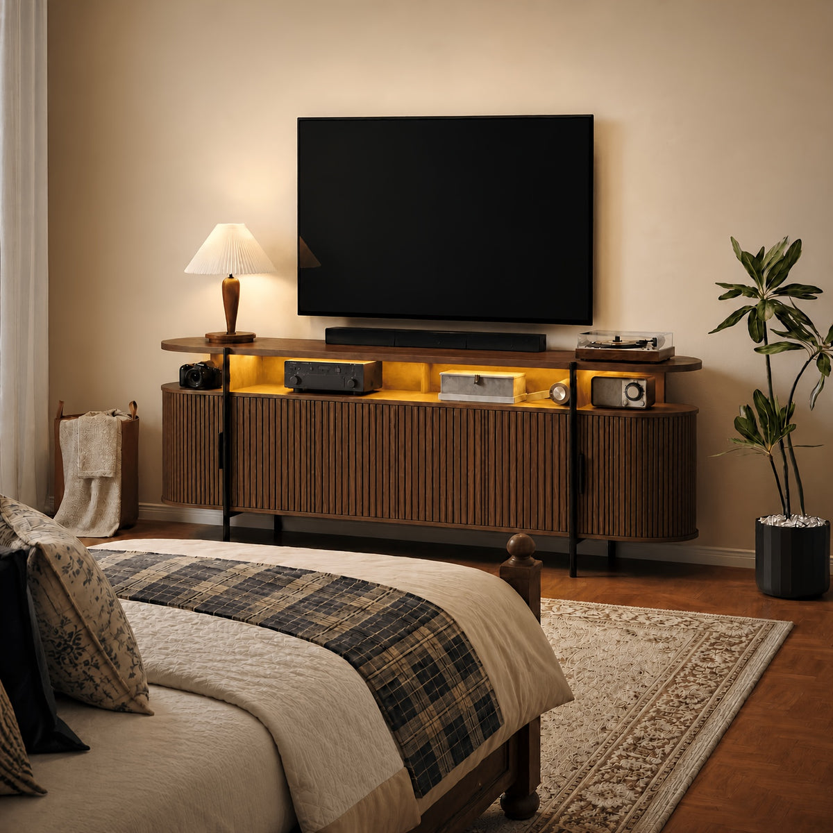 69" Walnut TV Stand for Tvs Up to 80'', Long Fluted Entertainment Center with Sliding Doors And Charging Station for Living Room