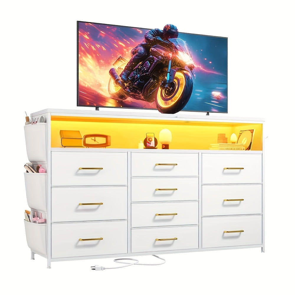 Dresser TV Stand With 10 Drawers For 55" TV Stand For Bedroom With LED Lights & Power Outlets Wide Dresser For Bedroom With Shelves & Side Pockets Sturdy Metal Frame & Wood Top, Charcoal Black