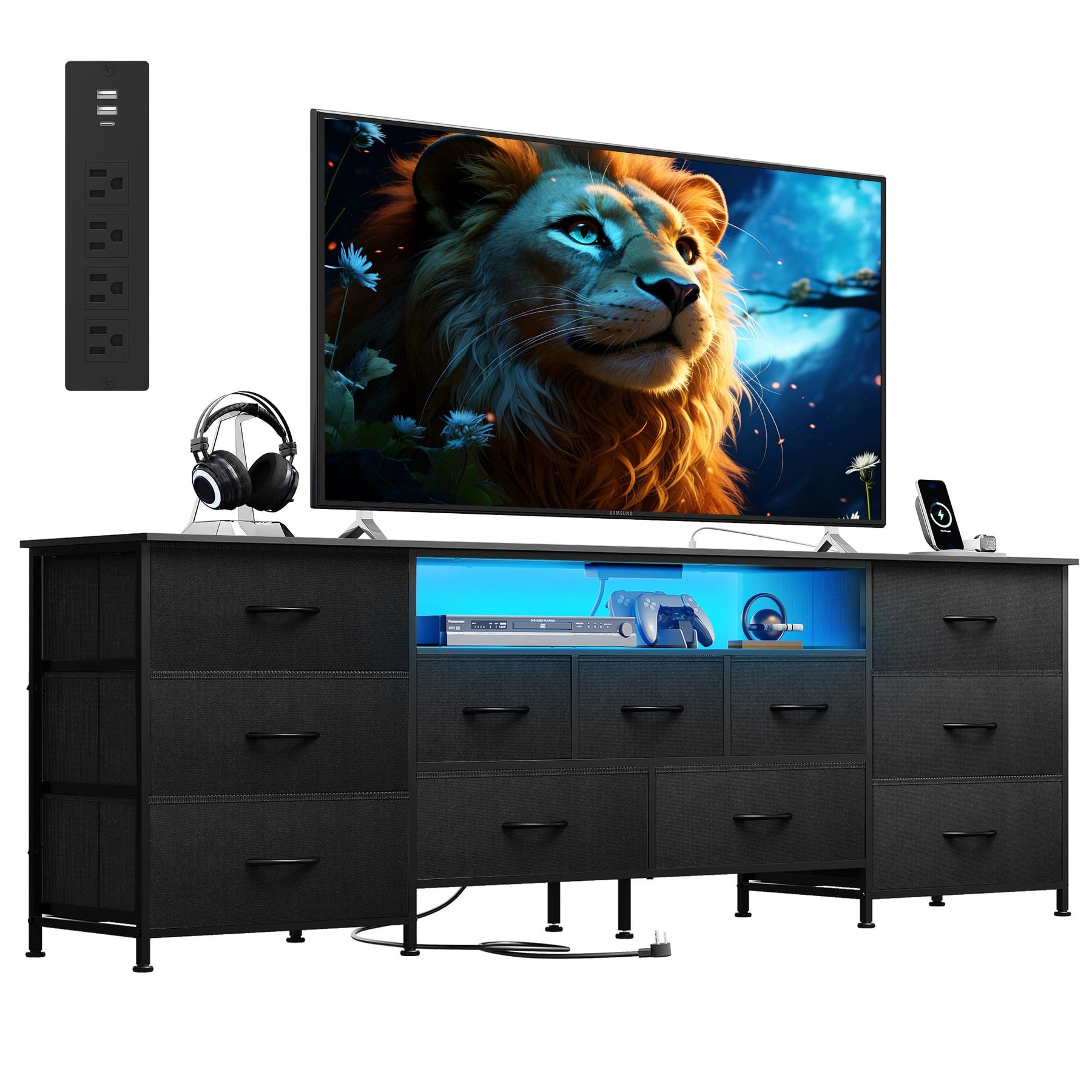 WLIVE LED Dresser TV Stand for 75 Inch TV, 12 Drawers, Black