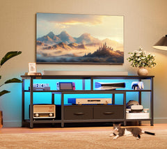 Huuger 63 Inch LED TV Stand for 65 70 Inch TV, Entertainment Center with Open Shelves and Power Outlets, TV Console for Living Room, Media Console with Drawers, Black