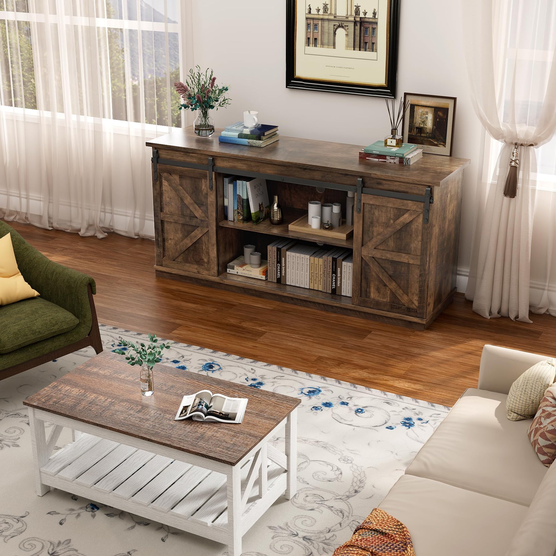 YESHOMY 58" Farmhouse TV Stand for TVs up to 65", Sliding Barn Doors, White
