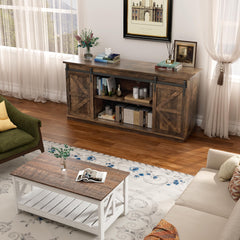 YESHOMY 58" Farmhouse TV Stand for TVs up to 65", Sliding Barn Doors, White