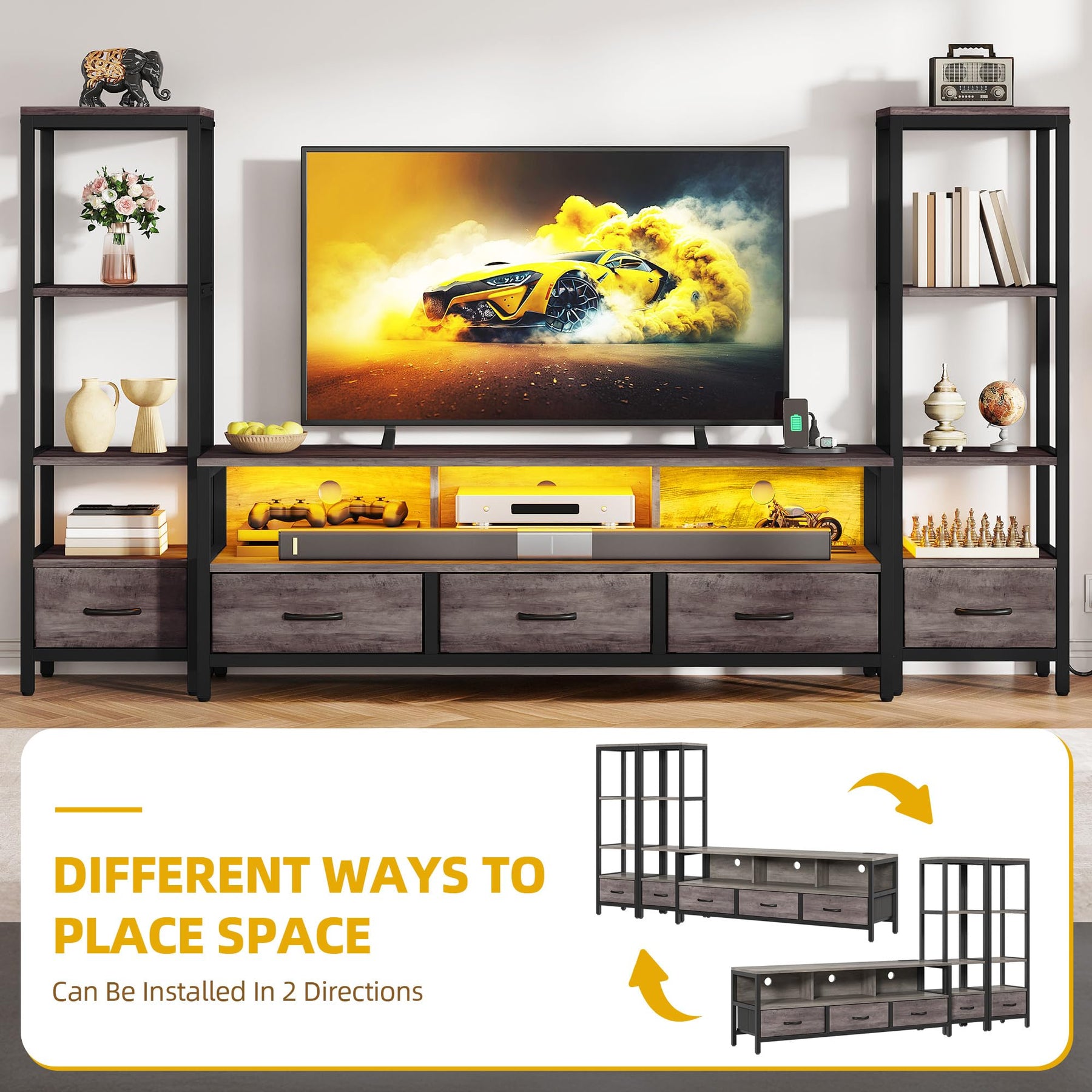 DWVO Industrial LED TV Stand for 65 Inch TVs, Entertainment Center with 2 4-Tier Bookshelves & Power Outlets, Media Console Table with 5 Drawers & Open Storage for Living Room, Grey