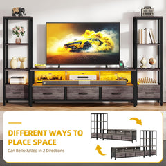 DWVO Industrial LED TV Stand for 65 Inch TVs, Entertainment Center with 2 4-Tier Bookshelves & Power Outlets, Media Console Table with 5 Drawers & Open Storage for Living Room, Grey