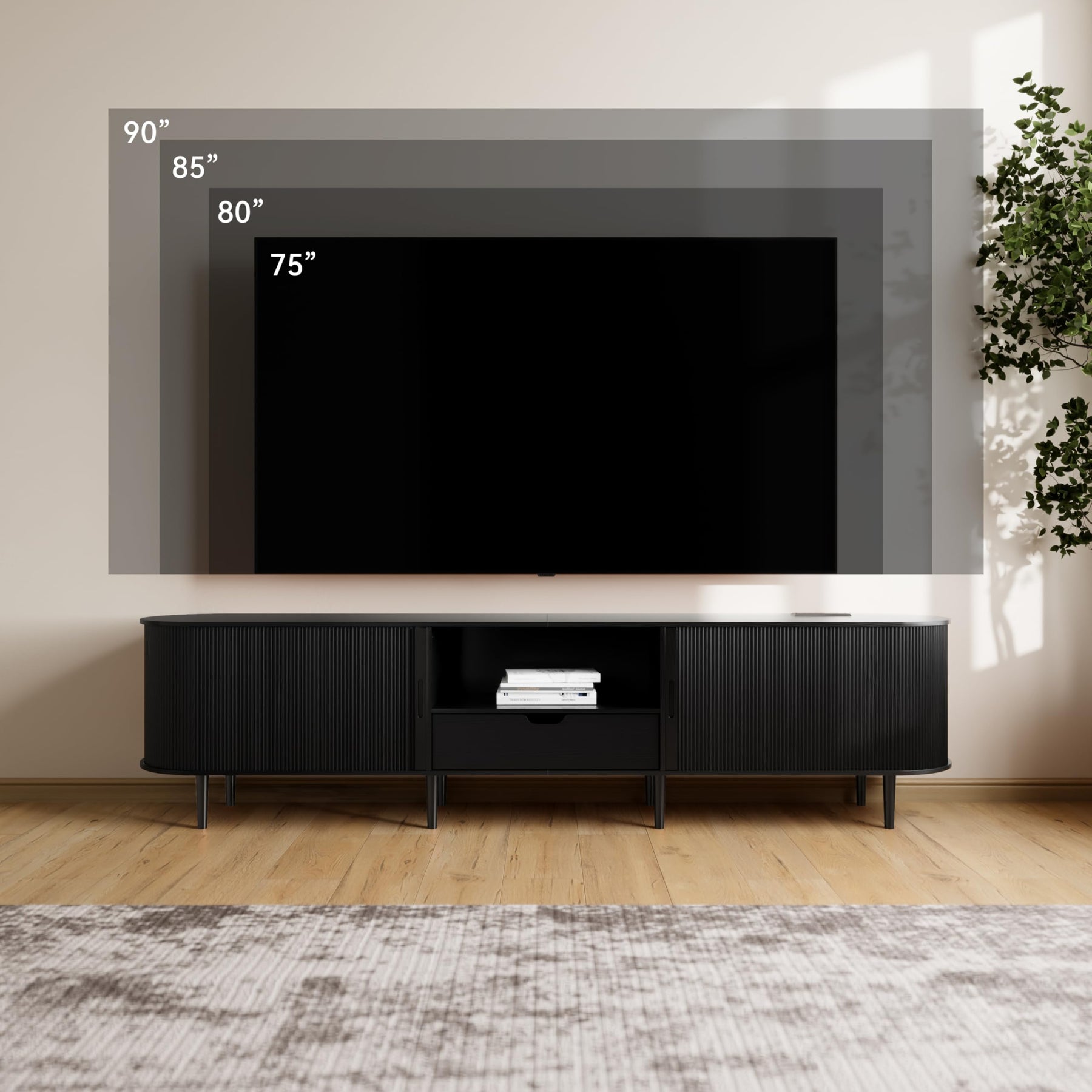 DHH 86.6" Fluted TV Stand with Power Outlet for TVs up to 90", TV Console with Adjustable Shelves and Sliding Door,Mid Century Modern Entertainment Center for Living Room,Bedroom (Walnut)