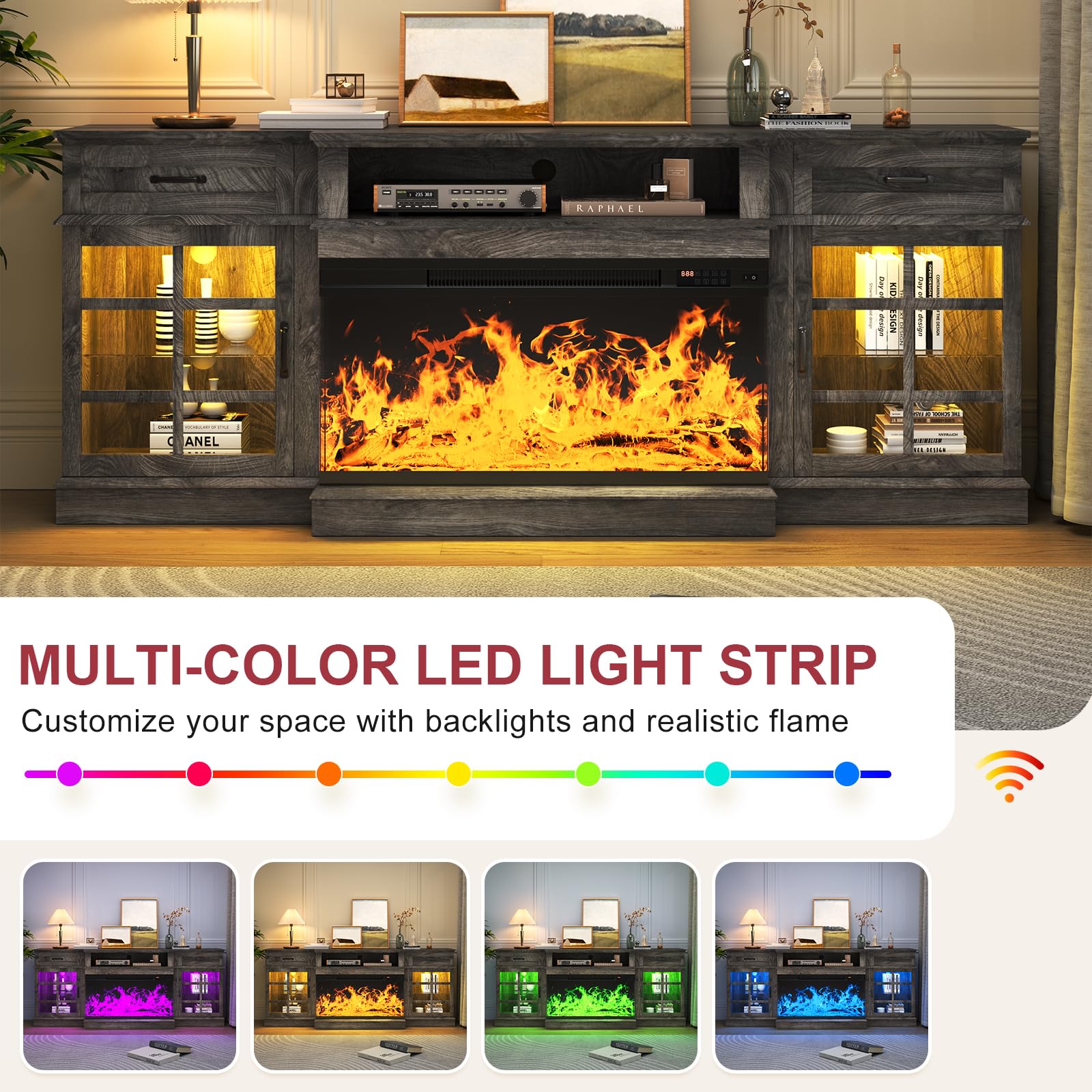 MXV 70" Fireplace TV Stand, 3-Sided Glass Fireplace and Modern Entertainment Center, Wooden Media Console with Glass Doors & Storage Drawers, LED Light, for Living Room, Antique White